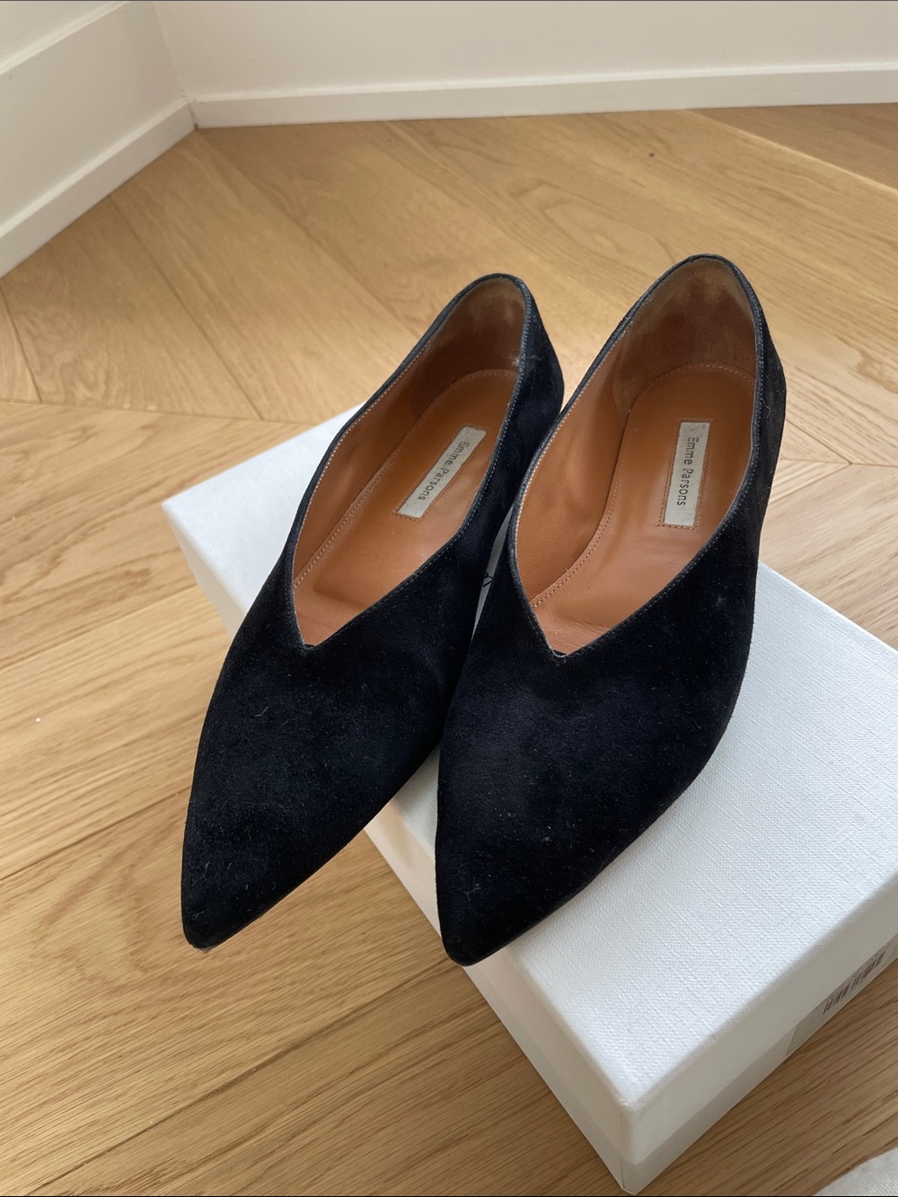 Emme Parsons Black Suede Pointed-Toe Ballet Flats